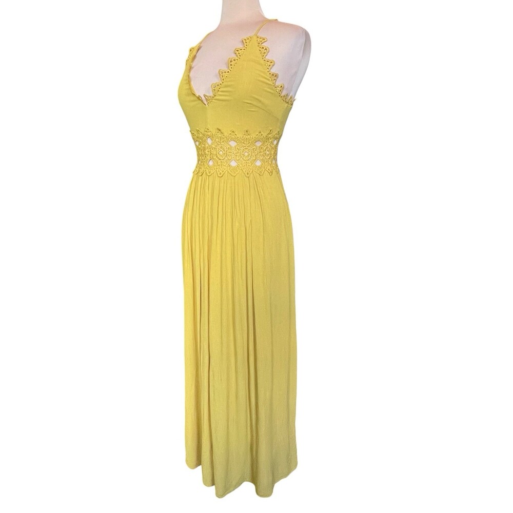 Lulus This is Love Lace Maxi Dress Women's Small Yellow Crochet Trim Deep V Neck - Picture 7 of 12